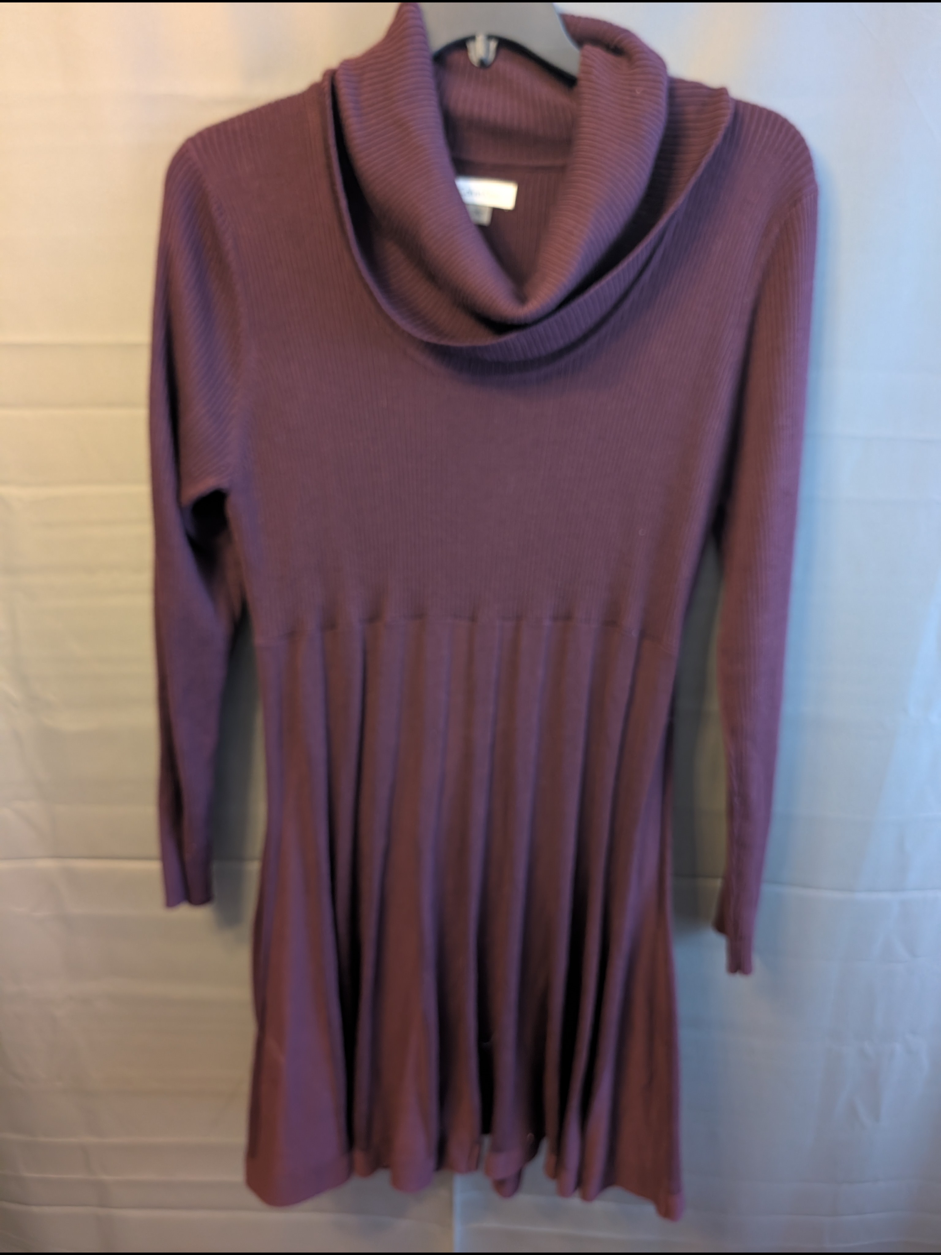 Calvin Klein Plum Cowl Neck Pleated Fit-And-Flare Sweater Dress Xl Euc